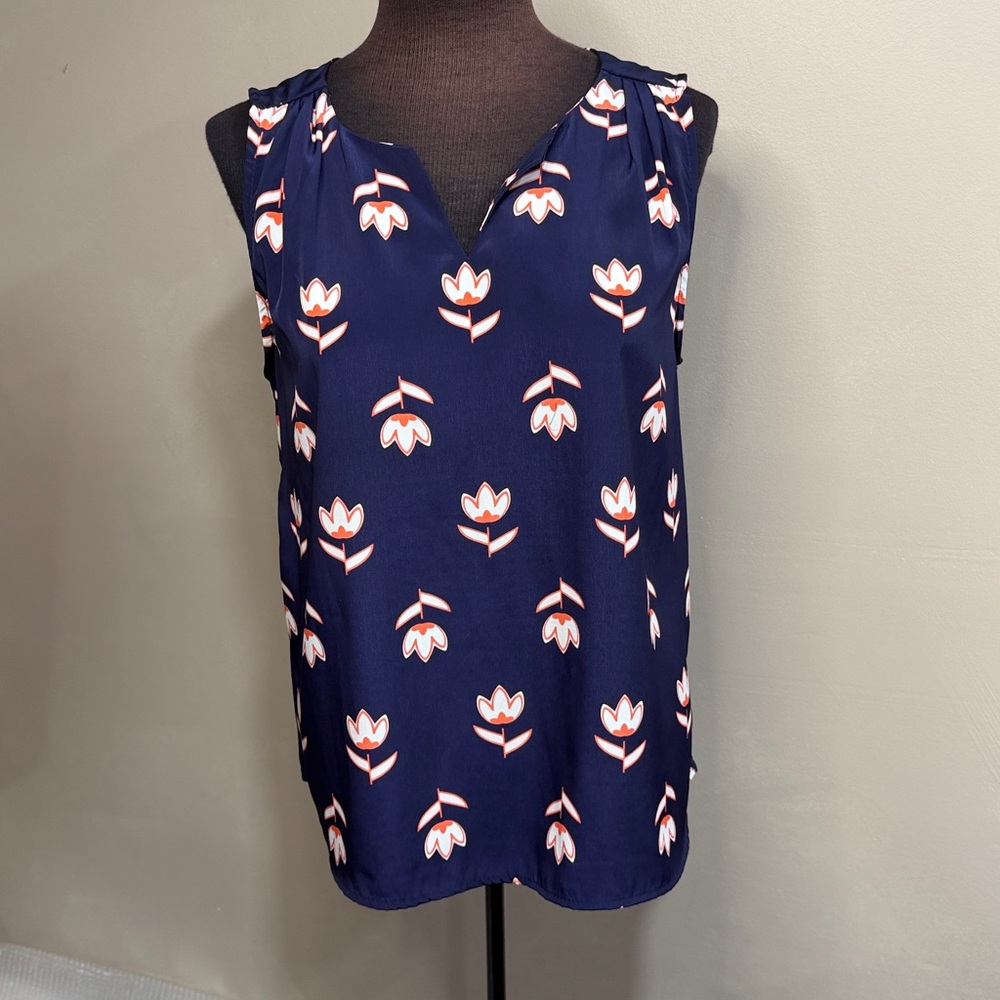 41 Hawthorn Dark Blue Blouse with Red and White Floral Pattern